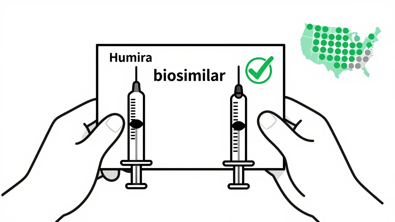 Pharmacist holding a prescription with two syringes, one marked interchangeable, beside a map showing state substitution rules.