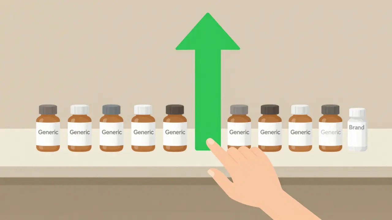 Pharmacy counter with nine generic pills and one brand-name pill, symbolizing market dominance.