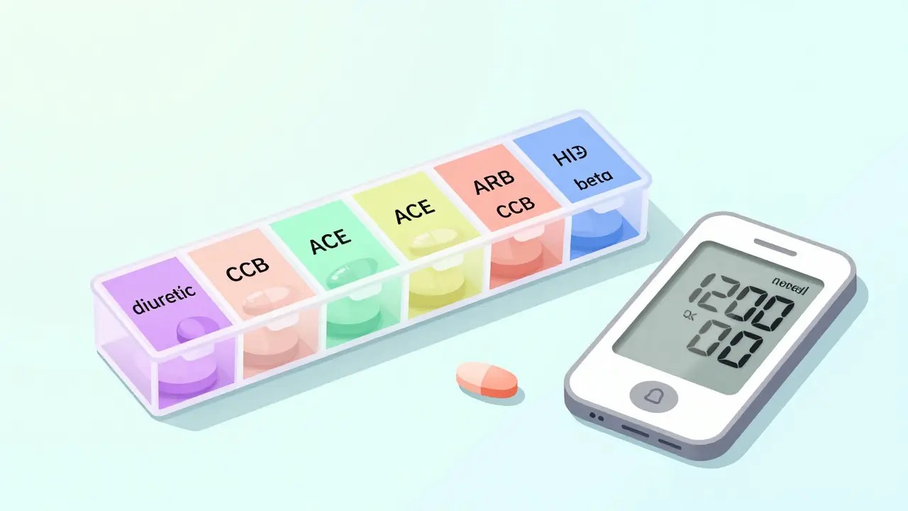 Pill organizer with colored compartments and smartphone showing normal blood pressure