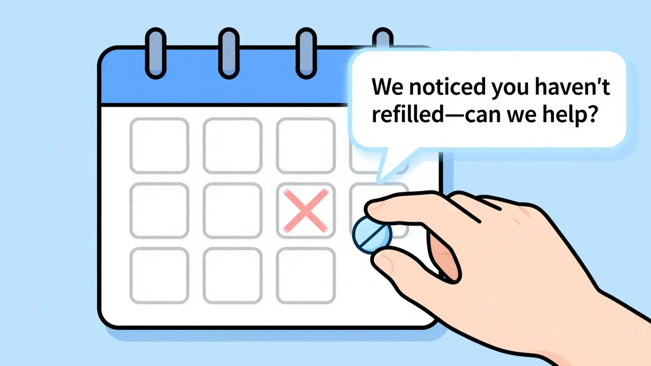 Pill placed in a calendar with one skipped dose and a supportive phone notification.
