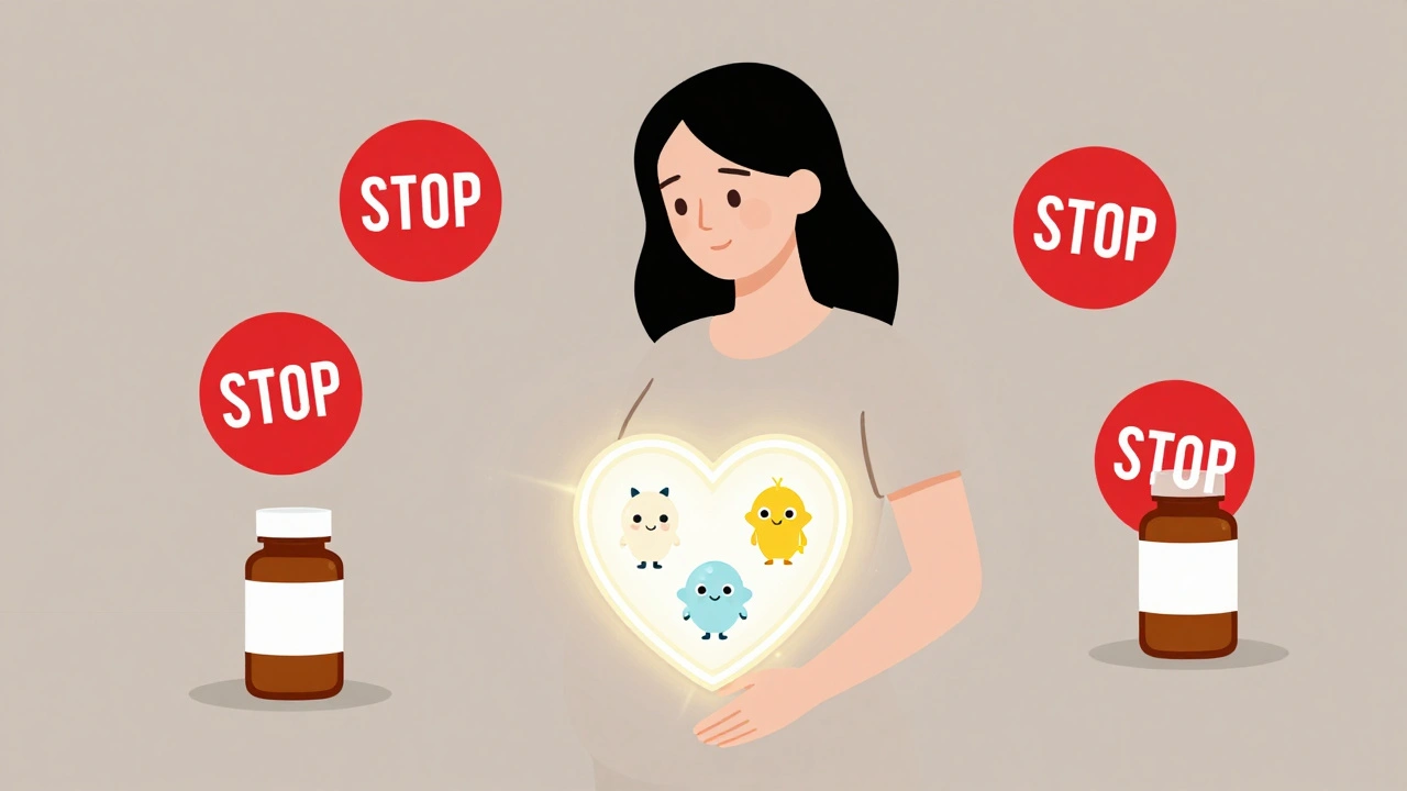 Pregnant woman protected by safe meds, dangerous drugs marked with stop signs