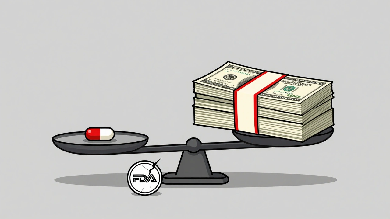 Scale tipping under the weight of money versus a small generic pill.
