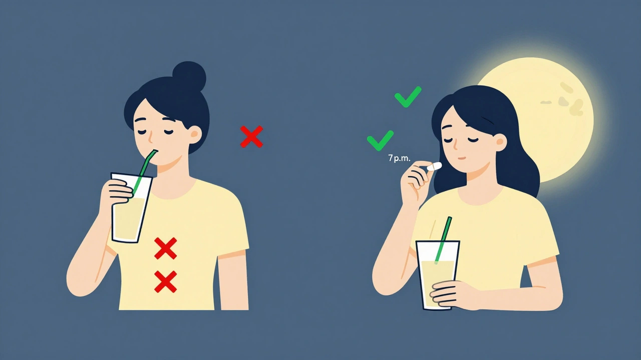 Side-by-side timeline showing morning vs. evening thyroid medication timing with symbols.