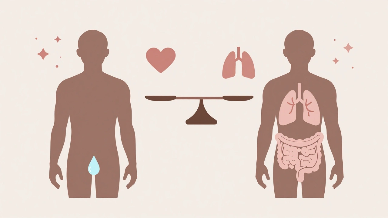 Side effects of surgery versus radiation for prostate cancer shown through symbolic silhouettes and icons.