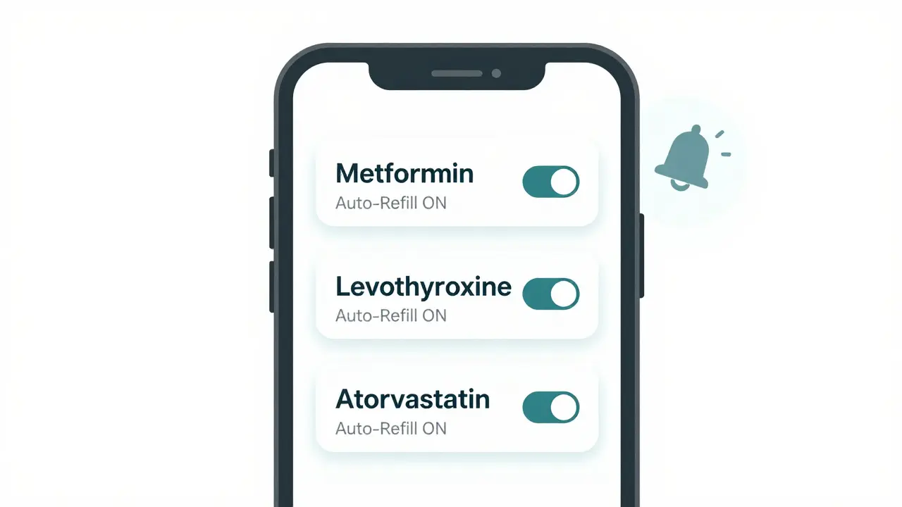 Smartphone screen showing pharmacy app with three medications and auto-refill toggles turned on.