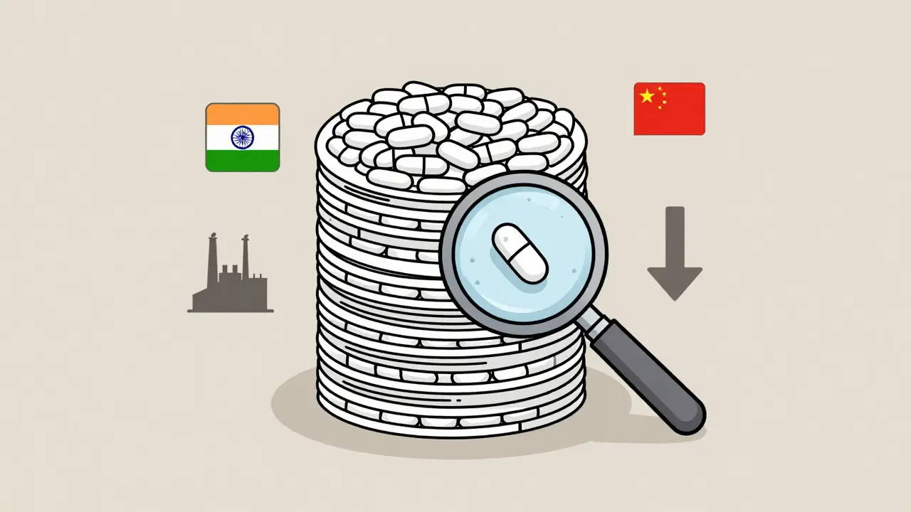 Stack of billions of pills with one pill costing less than a penny, factory and country icons nearby, minimalist style.