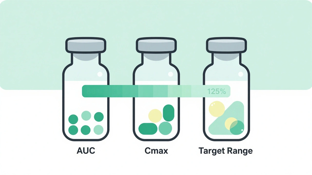 Three blood vials with drug concentrations and a balanced 80%-125% range indicator.