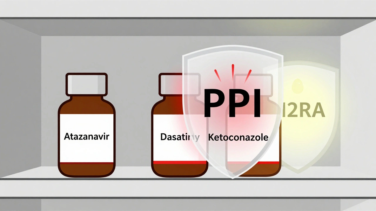 Three high-risk medication bottles blocked by a PPI shield, with a smaller H2RA shield behind emitting softer light.