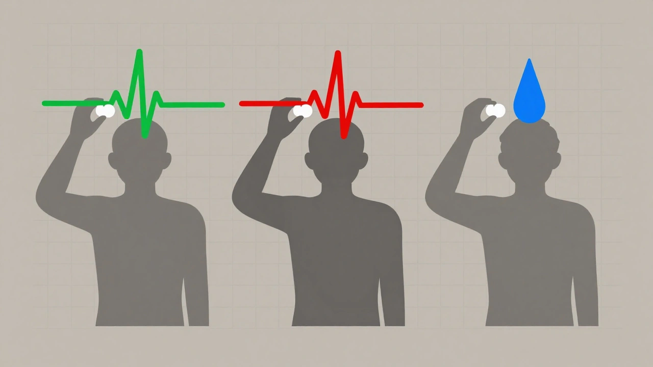 Three silhouettes with different pulse lines showing variable drug absorption levels.