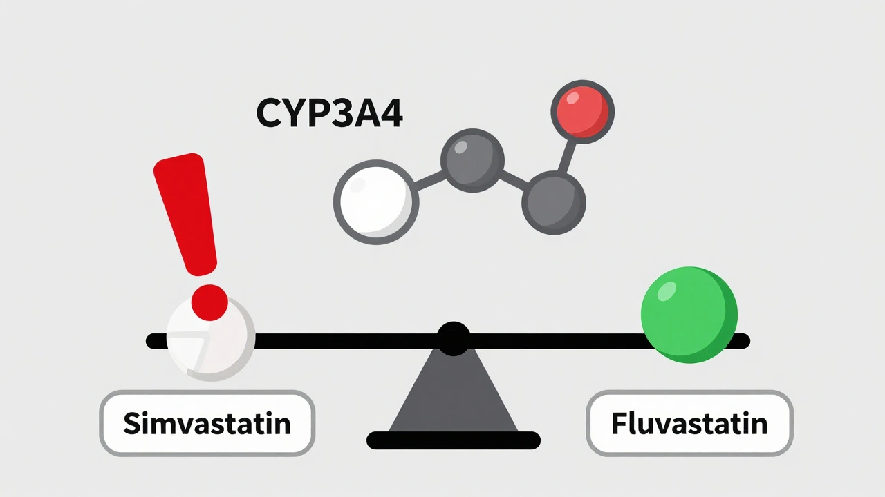 Three statin pills on a scale, showing high-risk and low-risk options with a blocked enzyme symbol.