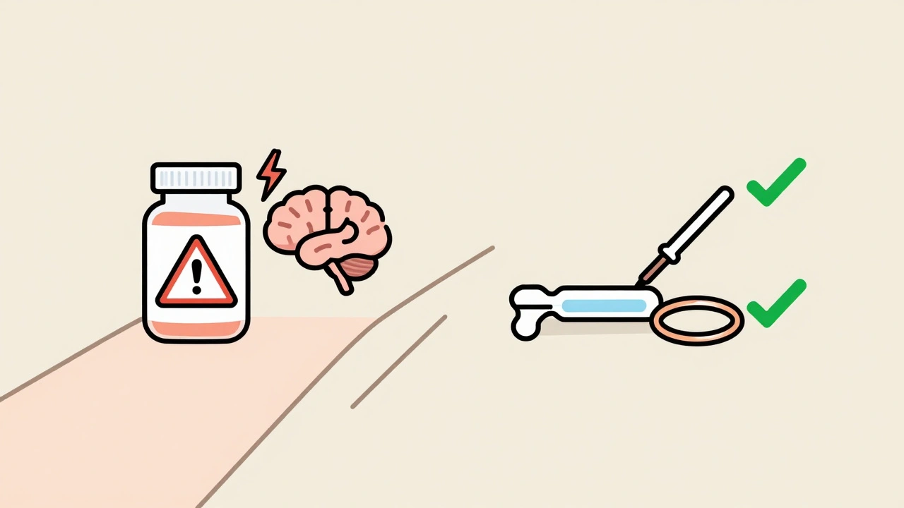 Two birth control options: one with warning symbol, the other with safe alternatives like implant and IUD.