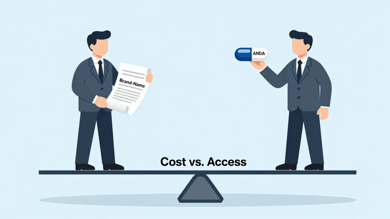 Two figures on a seesaw representing brand-name and generic drug competition in the 1980s.
