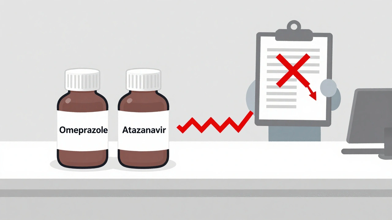 Two medicine bottles connected by a warning line at a pharmacy counter.