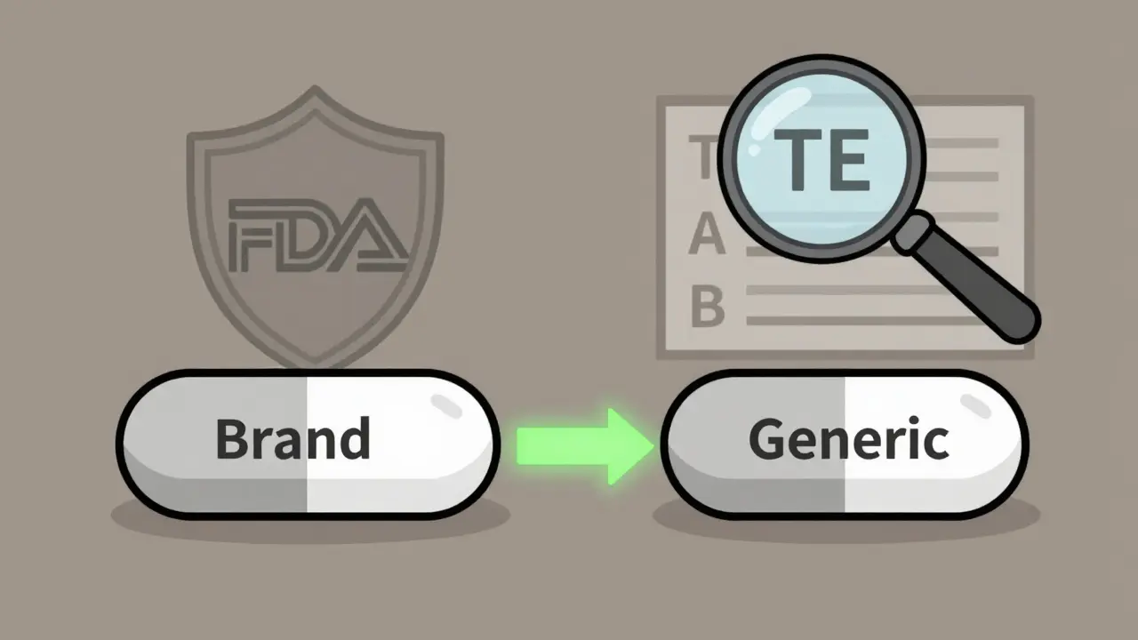 Two pills side by side with green arrow and TE code symbols