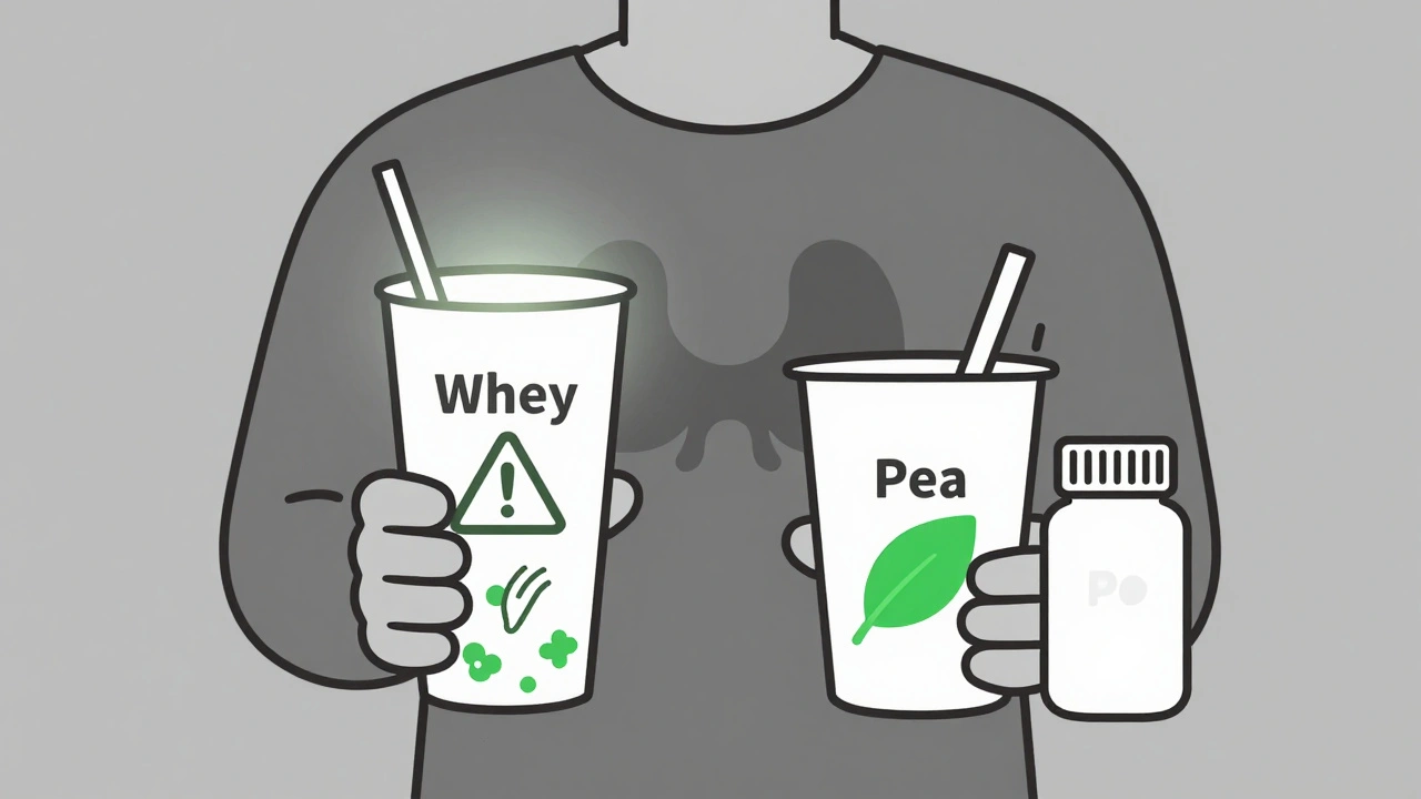 Two protein shakes compared — whey with warning icons, pea with green leaf — beside thyroid pill.