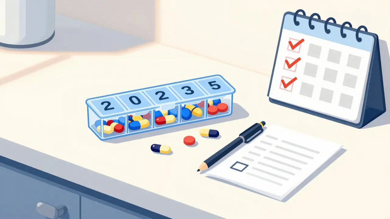 Weekly pill organizer with color-coded pills and checkmarked calendar on counter