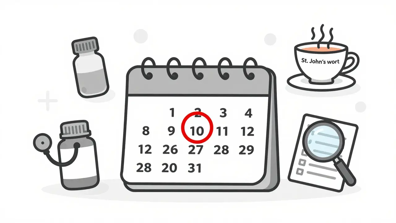 A calendar marked for a yearly medication review with health-related icons floating nearby.