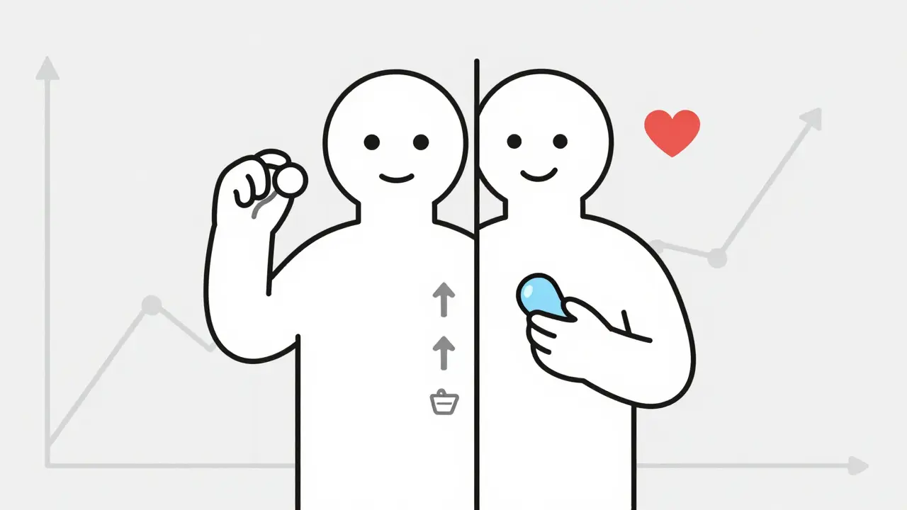 A person split between weight gain and weight loss, holding metformin and GLP-1 pills.