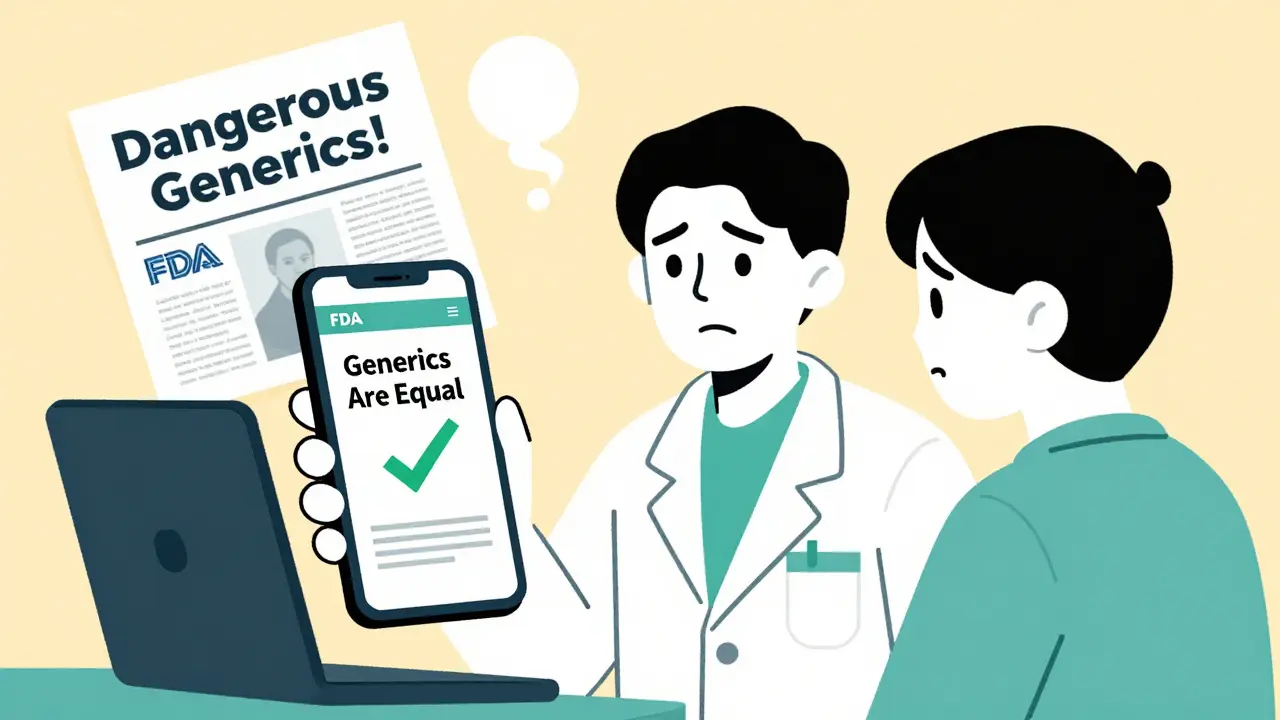 A pharmacist showing an FDA website to a patient, with fading negative headlines in the background.