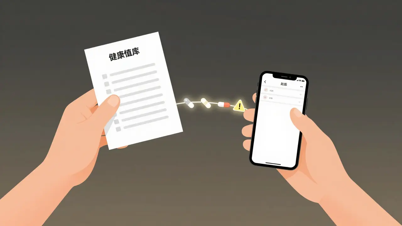 A printed medication list and smartphone app connected by digital icons representing medications and alerts.