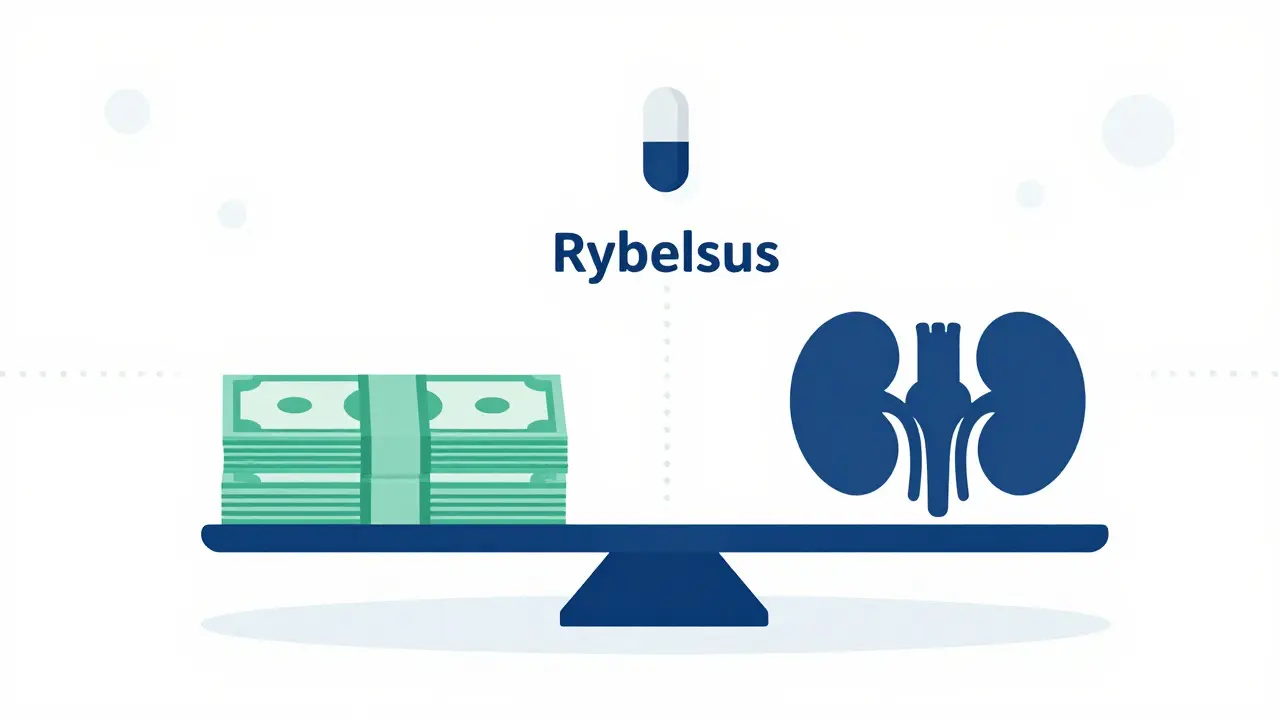 A scale balancing cost against health benefits, with a GLP-1 pill on the health side.