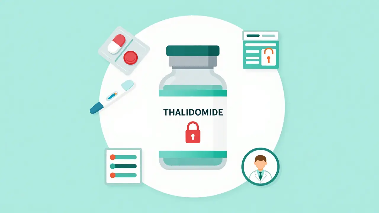 A secured thalidomide bottle surrounded by safety icons representing pregnancy prevention and controlled distribution.