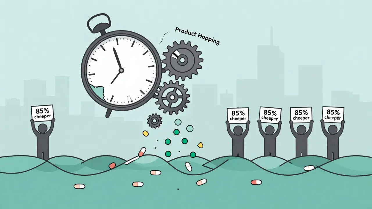 Broken patent clock with fake delays being replaced by a flood of generic pills in a clean, flat design.