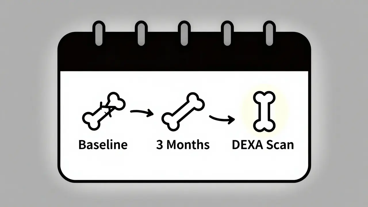 Calendar with bone icons transforming from broken to strong over treatment timeline.