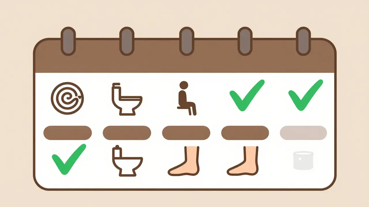 Calendar with crossed-out dizziness, bathroom, and swelling icons, checkmark on last day.