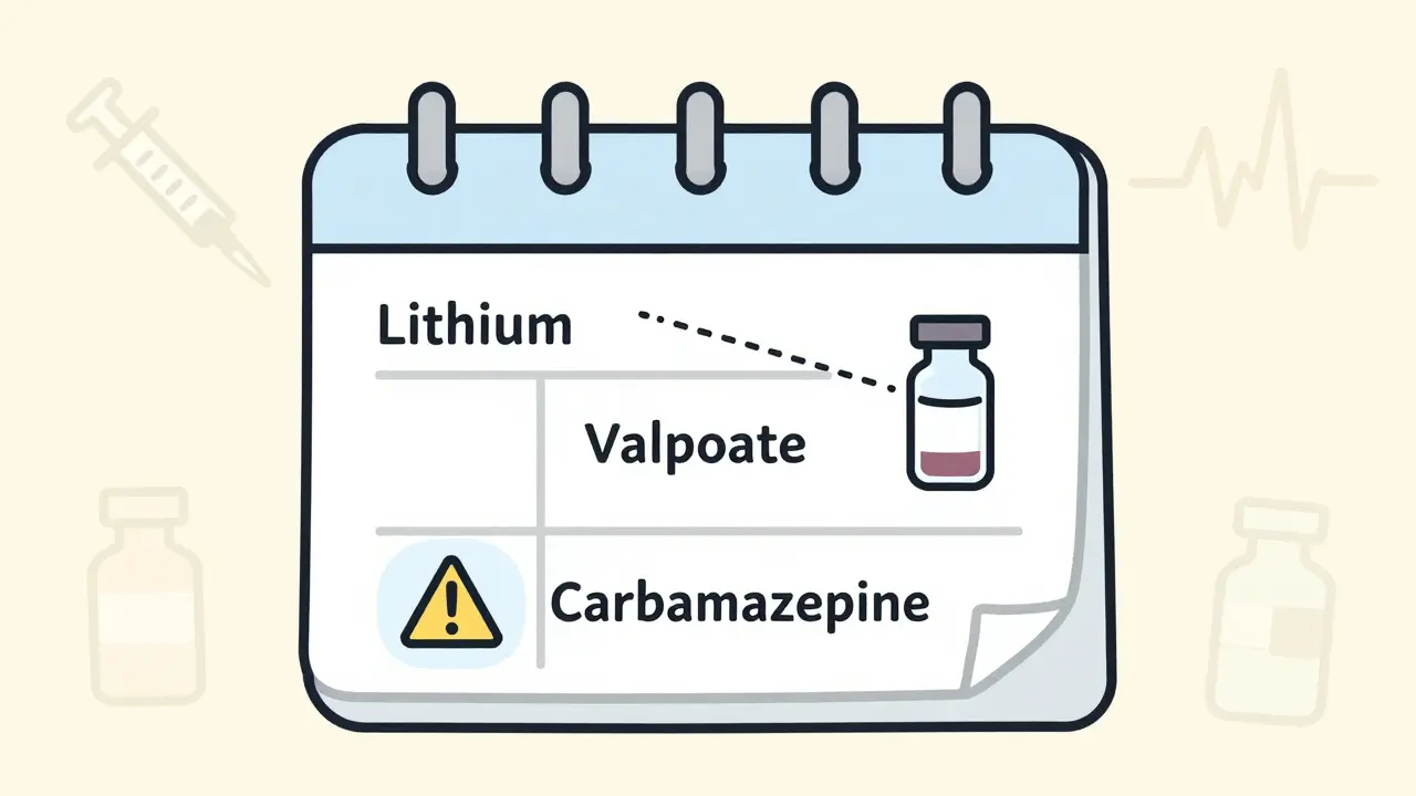 Calendar with mood stabilizers linked to a blood vial and warning symbol for monitoring.