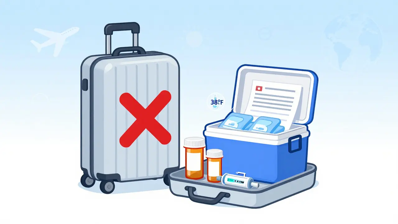 Carry-on bag organized with prescription bottles, cooler, and doctor's letter
