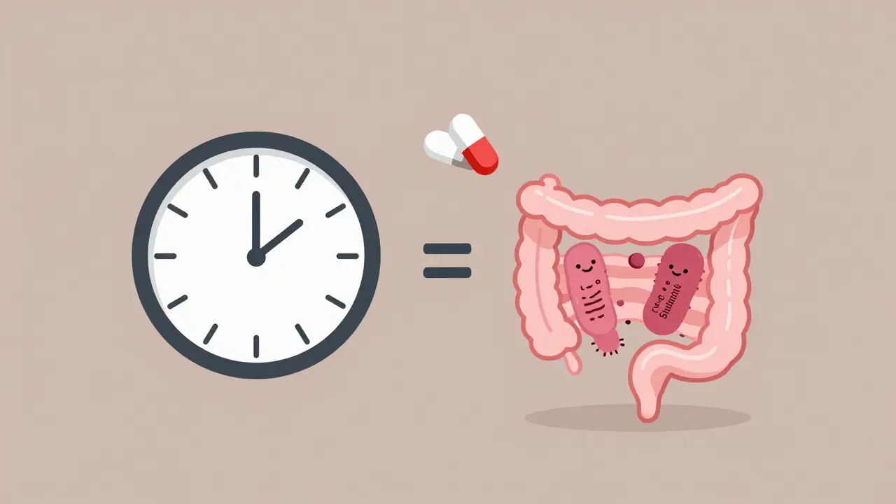 Clock showing 2-hour gap between antibiotic and probiotic pills, with beneficial bacteria thriving in between.