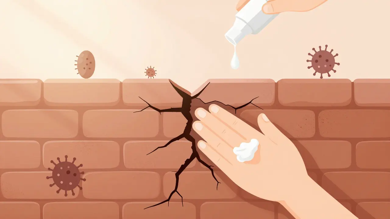 Cracked skin barrier being repaired with moisturizer and healing light