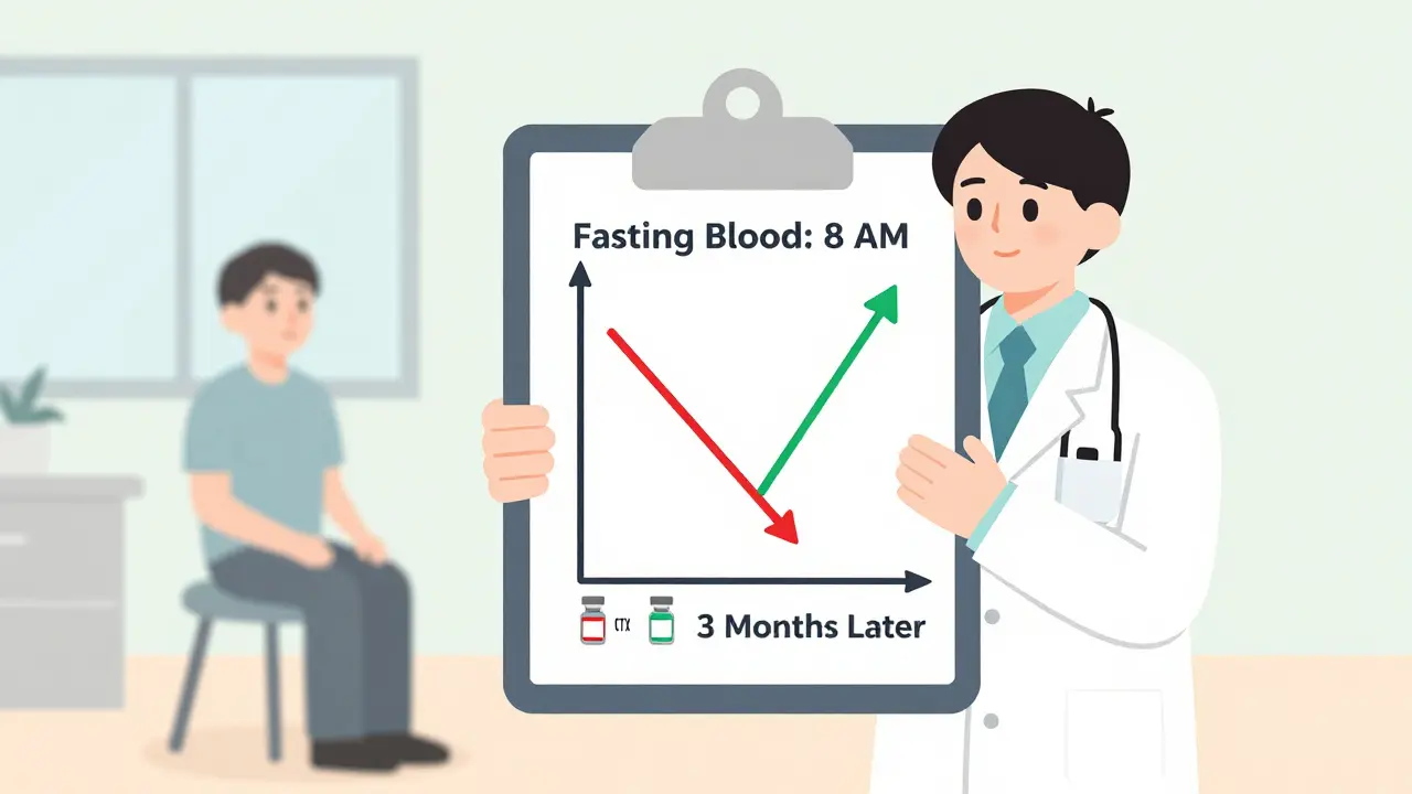 Doctor holding vials with a line graph showing bone marker changes over three months.