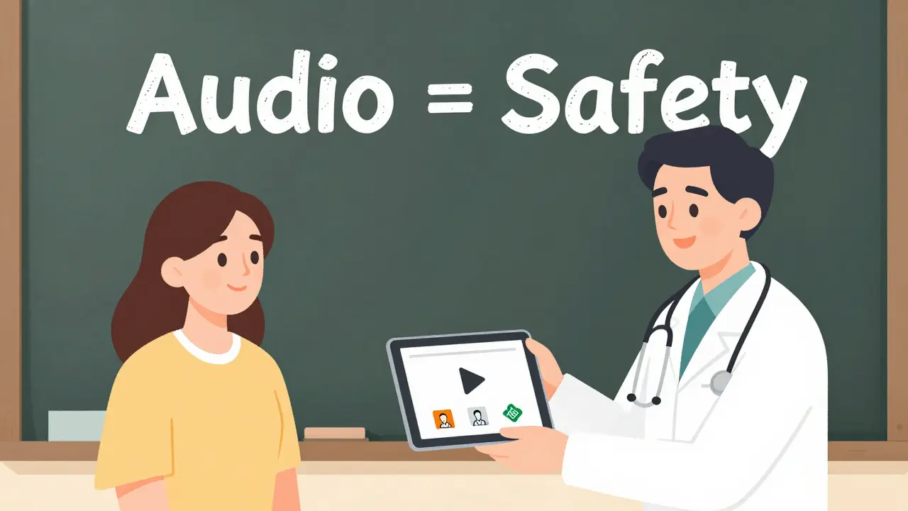 Healthcare worker giving tablet with audio options to a patient in a clinic.