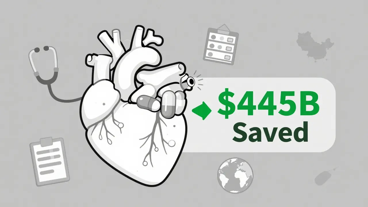 Heart made of pills showing generic vs. brand, with a dollar savings icon and global supply markers in minimalist style.
