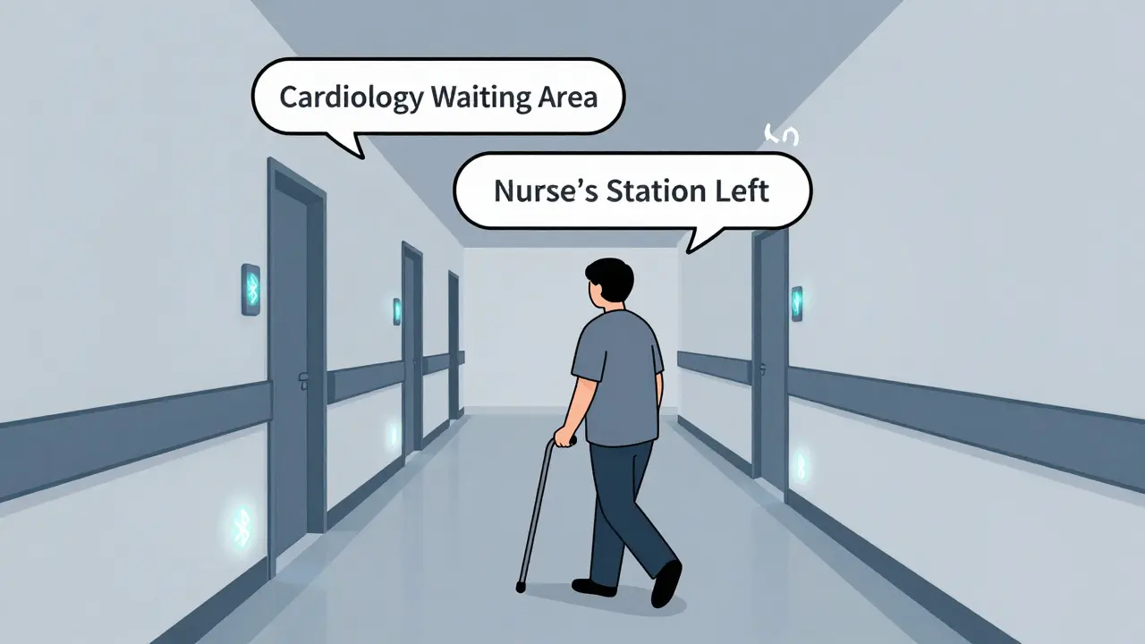 Hospital hallway with audio navigation cues guiding a person with a cane.