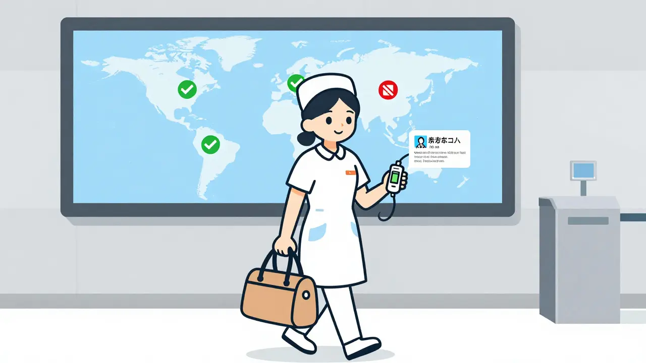 Nurse carrying medical device through airport, translated note nearby, global map showing allowed countries