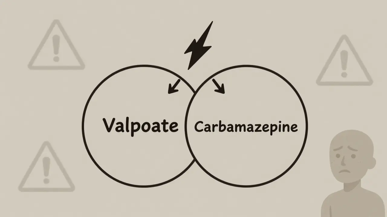 Overlapping valproate and carbamazepine circles with warning spikes indicating dangerous interaction.