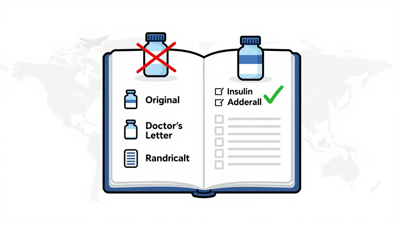 Passport with checklist for medication documents, banned pill crossed out, approved one checked