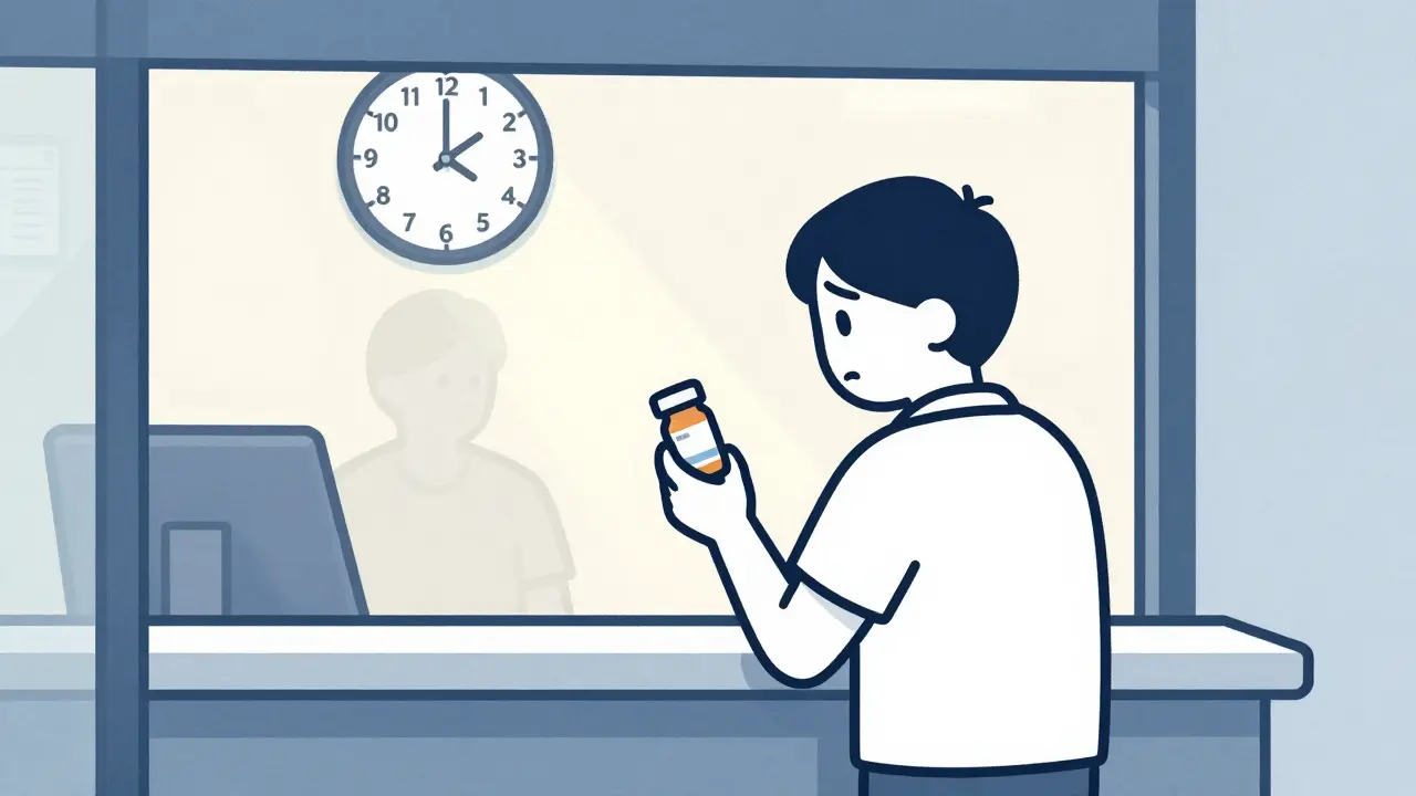 Patient hesitates at the exit, noticing the pill looks different from their previous prescription.