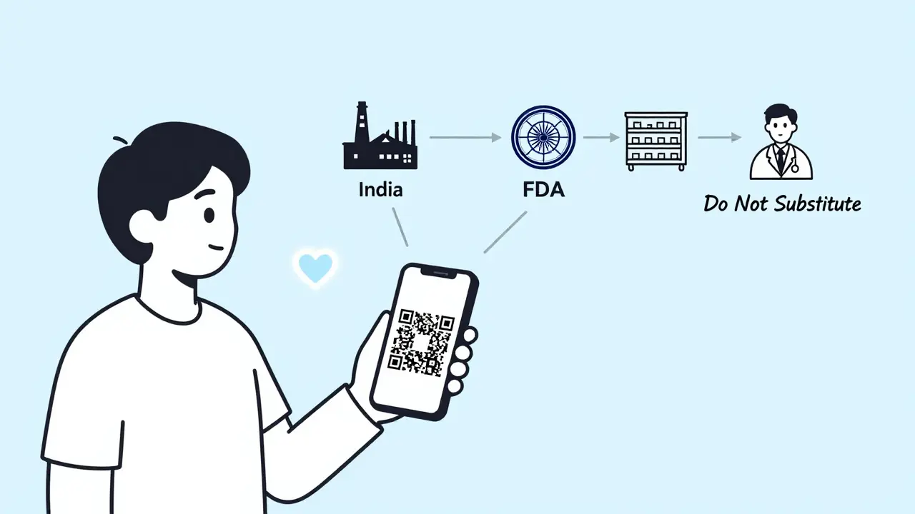 Patient scanning a QR code linked to global drug supply chain icons