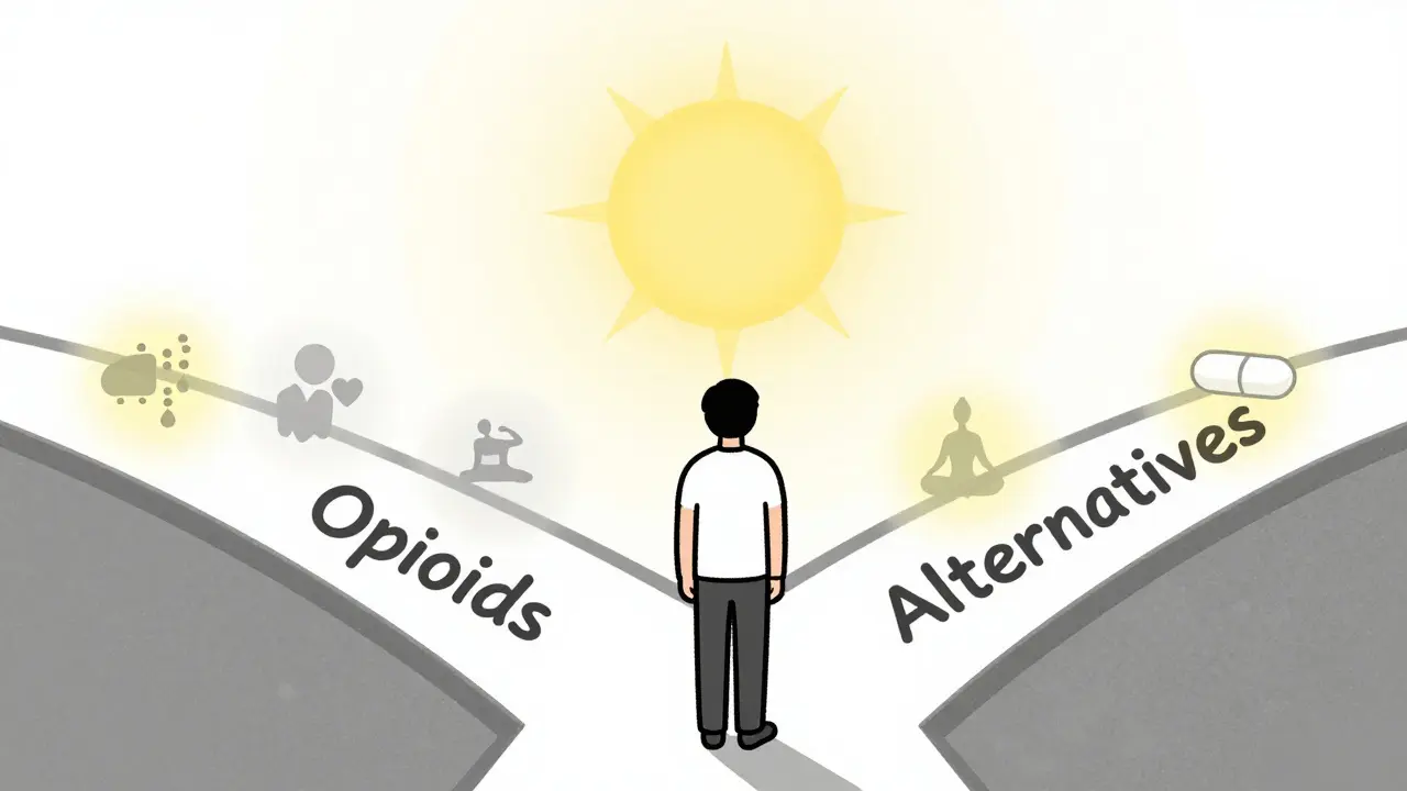 Person at a crossroads choosing between opioids and alternatives, with fading vs. glowing life icons.