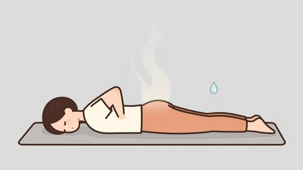 Person doing a spinal extension exercise on the floor, with heat waves and water droplet representing therapy and relief.