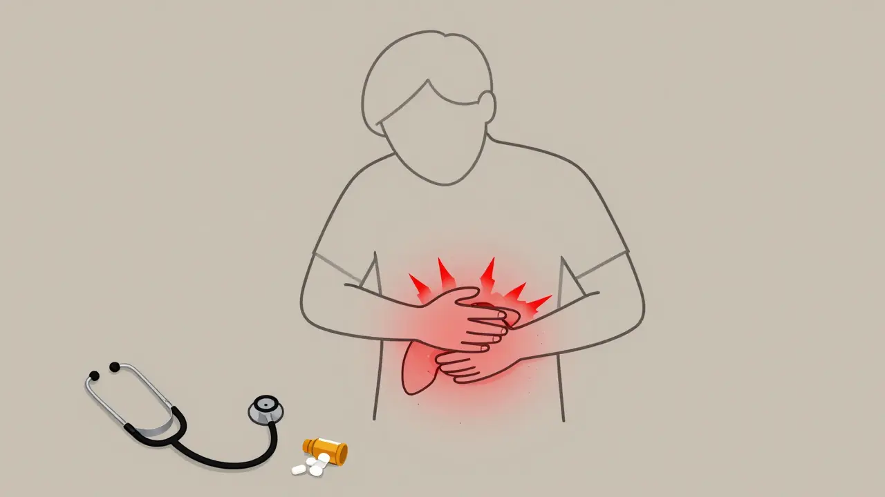 Person in pain with abstract red inflammation lines near the pancreas area.
