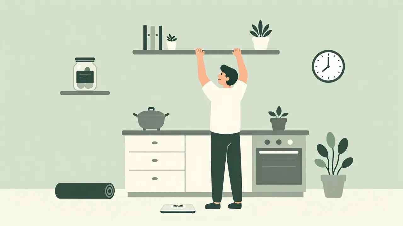 Person reaching for high shelves with unused scale below, surrounded by symbols of healthy habits.