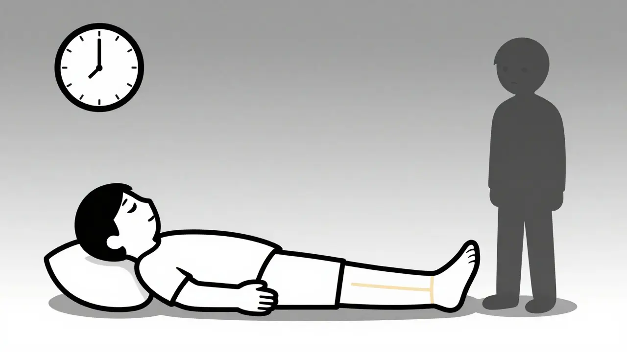 Person sleeping with night splint, showing stretched fascia and morning pain anticipation.