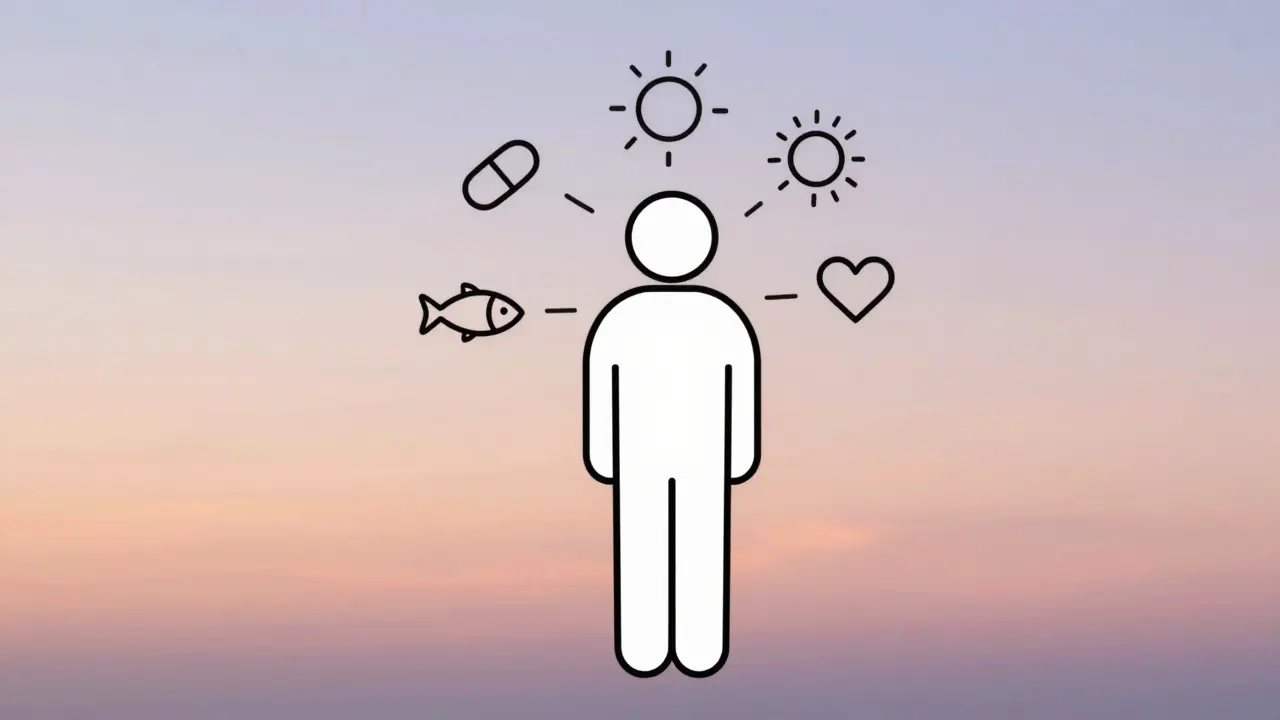 Person with straight spine surrounded by icons of medication, swimming, sunrise, and heart, symbolizing holistic AS management.