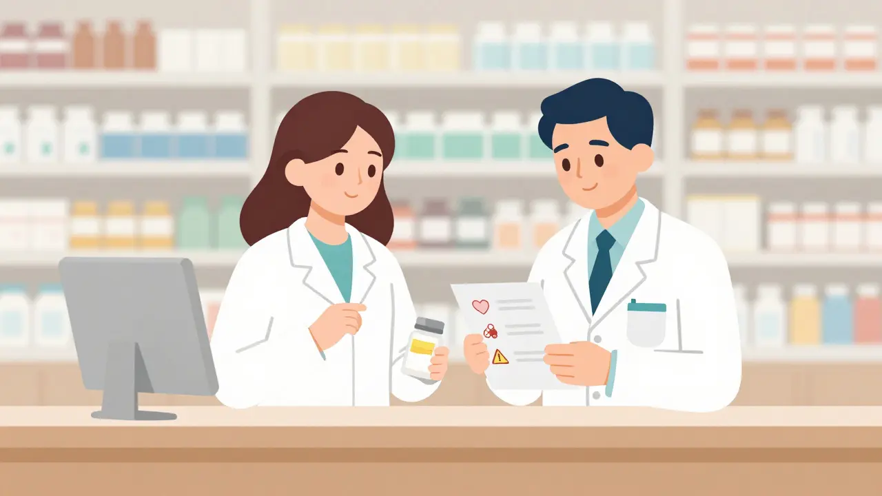Pharmacist and technician use a four-step checklist to verify medication details at the counter.