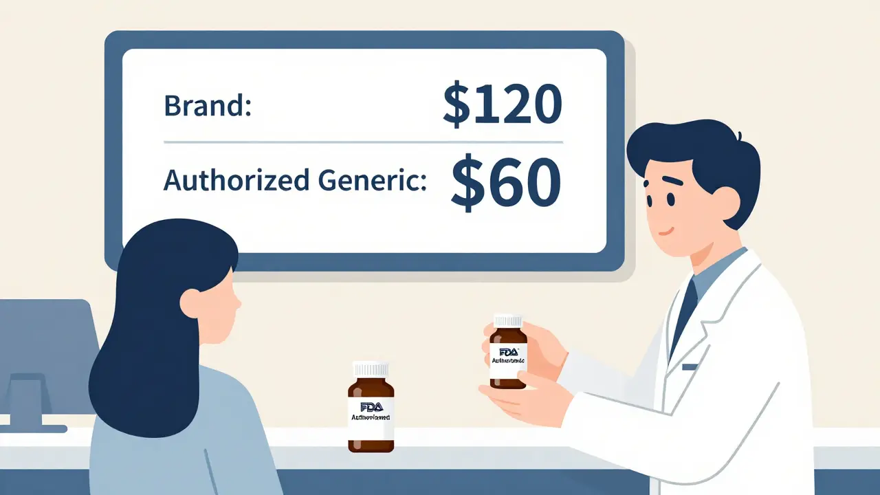 Pharmacist handing an authorized generic pill bottle to a patient, with price comparison on digital screen.